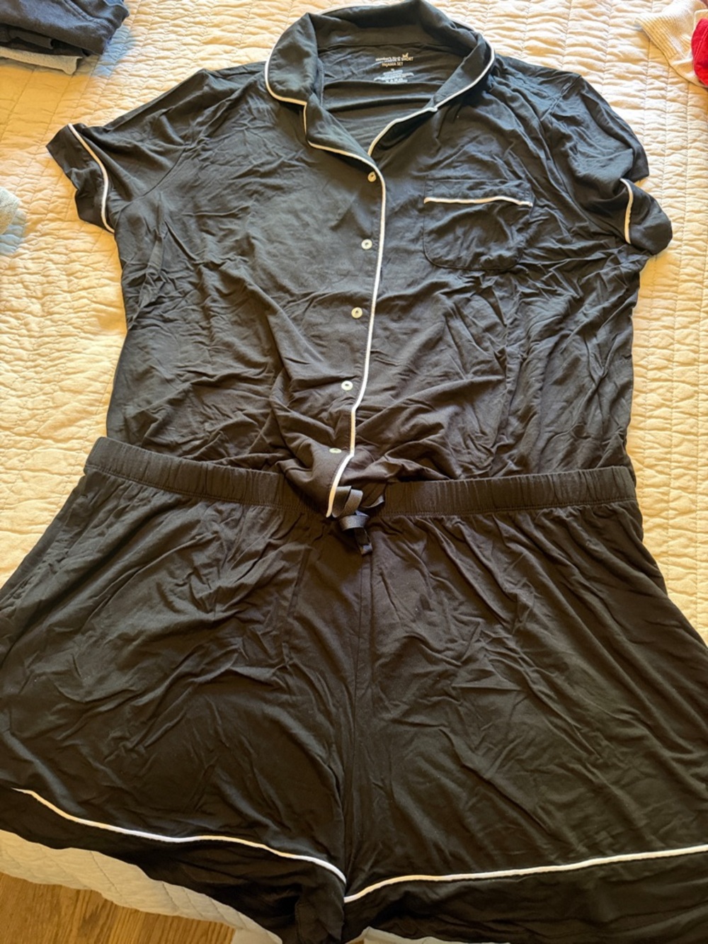 Black Short-Sleeve Pajama Set with White Piping — Women’s Comfort Loungewear